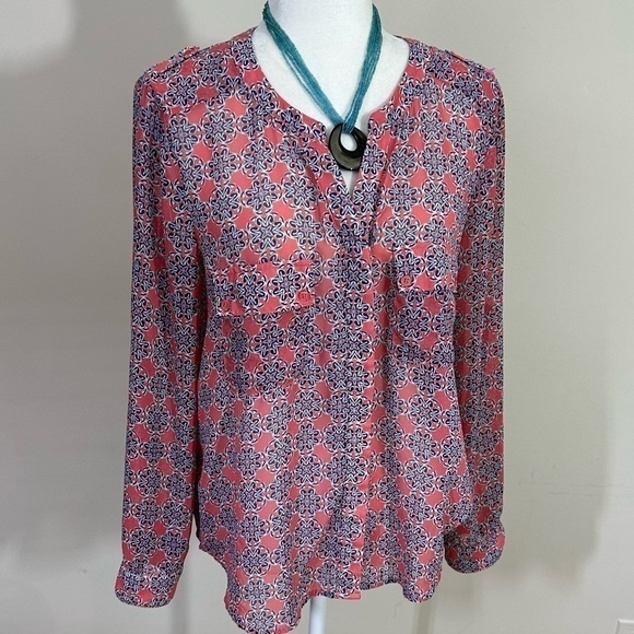 Collective Concepts sz L P top, shirt blouse mini print lightweight long sleeve - Picture 7 of 13